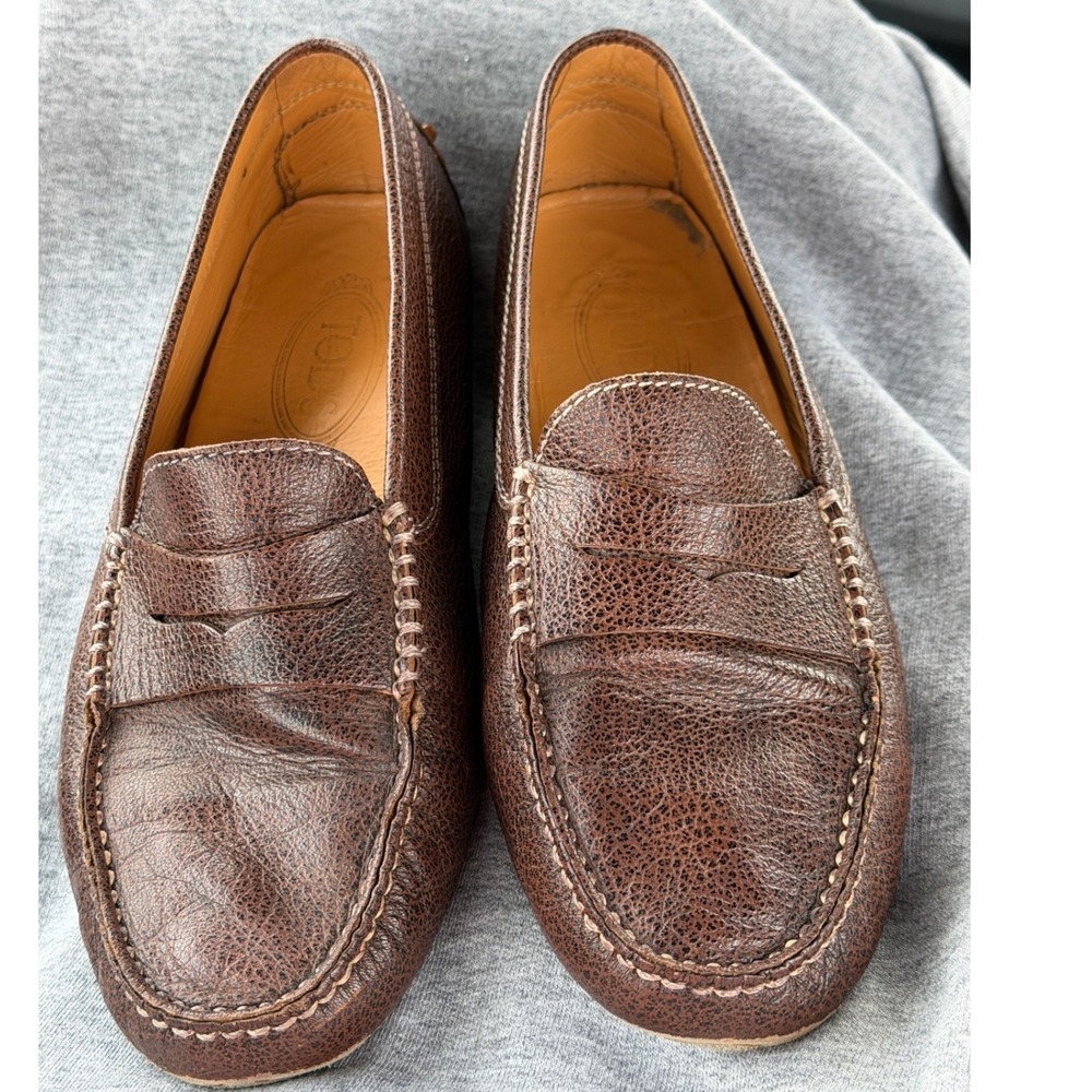 Tods Gommino Driving Loafers Mens 7 Brown Pebble Grain Leather Good Condition